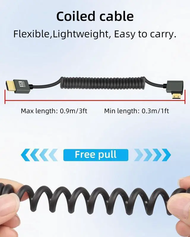 Alt view image 2 of 7 - Vszerda 8K Left Angle Mini HDMI to HDMI Coiled Cable 2.2FT, 90 Degree Short HDMI to Mini HDMI Cable, Spring Spiral Hdmi 2.1 Cable 8K@60Hz 48Gbps for Camera/Camcorder/HDTV/Tablet