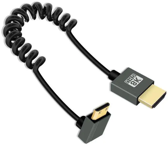 Main image of Vszerda 8K Down Angle Mini HDMI to HDMI Coiled Cable 2.2FT, 270 Degree Short HDMI to Mini HDMI Cable, Spring Spiral Hdmi 2.1 Cable 8K@60Hz 48Gbps for Camera/Camcorder/HDTV/Tablet