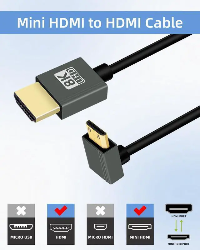 Alt view image 3 of 7 - Vszerda 8K Down Angle Mini HDMI to HDMI Coiled Cable 2.2FT, 270 Degree Short HDMI to Mini HDMI Cable, Spring Spiral Hdmi 2.1 Cable 8K@60Hz 48Gbps for Camera/Camcorder/HDTV/Tablet