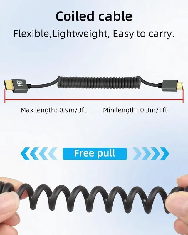 Alt view image 2 of 7 - Vszerda 8K Mini HDMI to HMDI Coiled Cable 2.2FT, Spring Spiral HDMI to Mini HDMI Cable, Short HDMI Cable 2.1 8K@60Hz 48Gbps for Camera/Camcorder/HDTV/Tablet