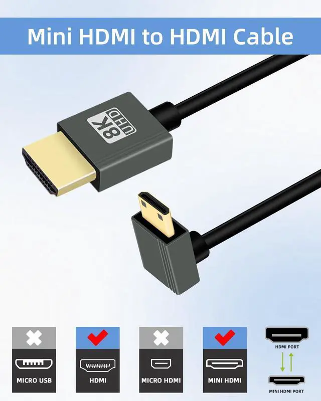 Alt view image 3 of 7 - Vszerda 8K Up Angle Mini HDMI to HDMI Coiled Cable 2.2FT, 270 Degree Short HDMI to Mini HDMI Cable, Spring Spiral Hdmi 2.1 Cable 8K@60Hz 48Gbps for Camera/Camcorder/HDTV/Tablet