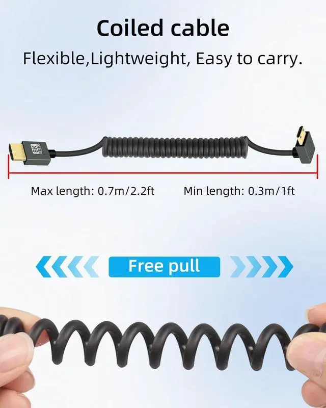 Alt view image 7 of 7 - Vszerda 8K Up Angle Mini HDMI to HDMI Coiled Cable 2.2FT, 270 Degree Short HDMI to Mini HDMI Cable, Spring Spiral Hdmi 2.1 Cable 8K@60Hz 48Gbps for Camera/Camcorder/HDTV/Tablet