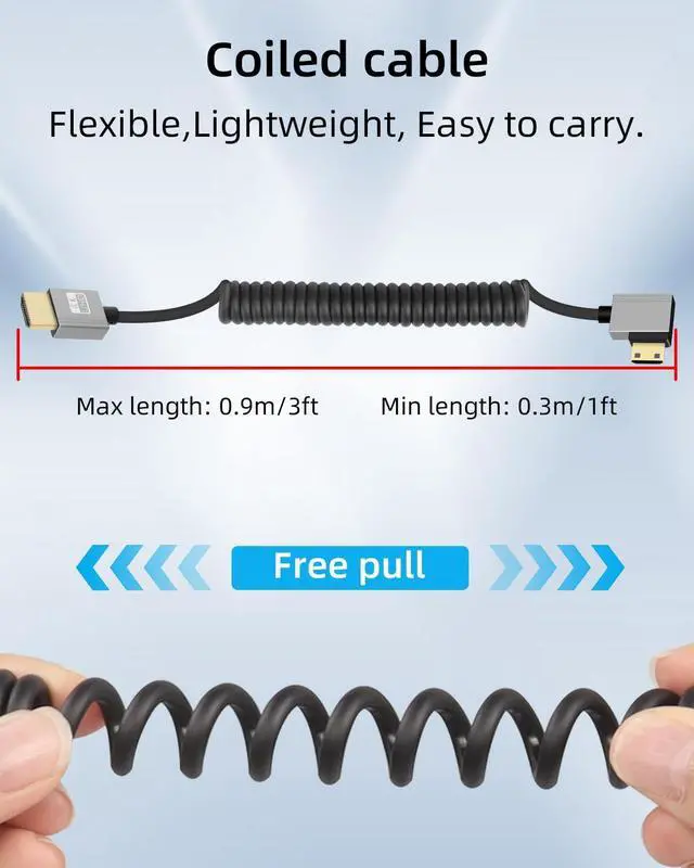 Alt view image 2 of 4 - Vszerda 4K Right Angle Mini HDMI to HDMI Cable 2.2FT, 90 Degree Short HDMI to Mini HDMI Cable, Spring Coiled 2.0 Cable 4K@120Hz 48Gbps for Camera/Camcorder/HDTV/Tablet