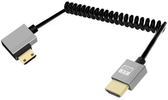 Main image of Vszerda 4K Left Angle Mini HDMI to HDMI Cable 2.2FT, 90 Degree Short HDMI to Mini HDMI Cable, Coiled Hdmi 2.0 Cable 4K@120Hz 18Gbps for Camera/Camcorder/HDTV/Tablet