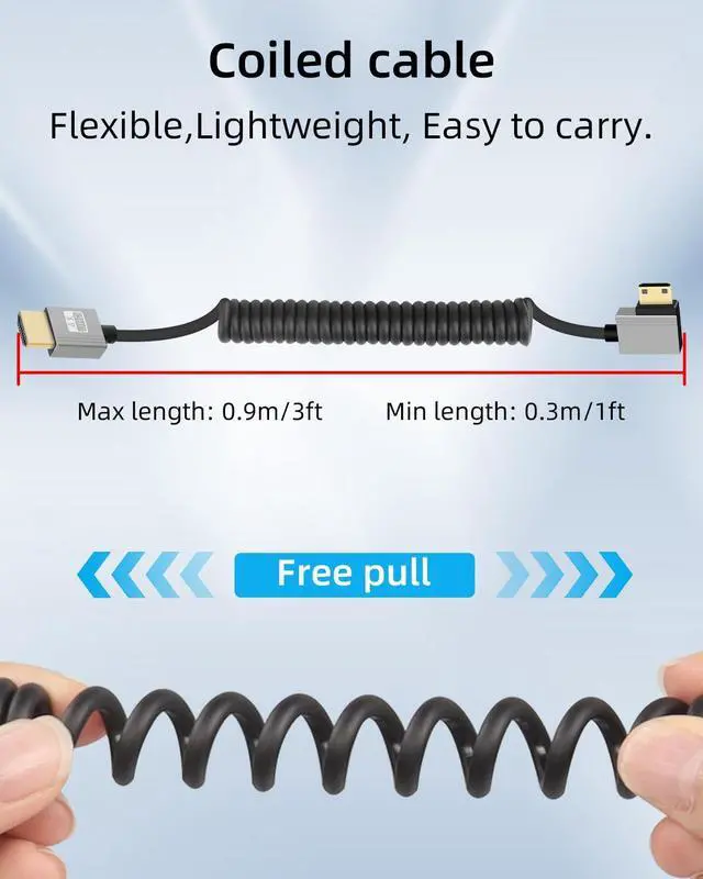 Alt view image 2 of 7 - Vszerda 4K Left Angle Mini HDMI to HDMI Cable 2.2FT, 90 Degree Short HDMI to Mini HDMI Cable, Coiled Hdmi 2.0 Cable 4K@120Hz 18Gbps for Camera/Camcorder/HDTV/Tablet