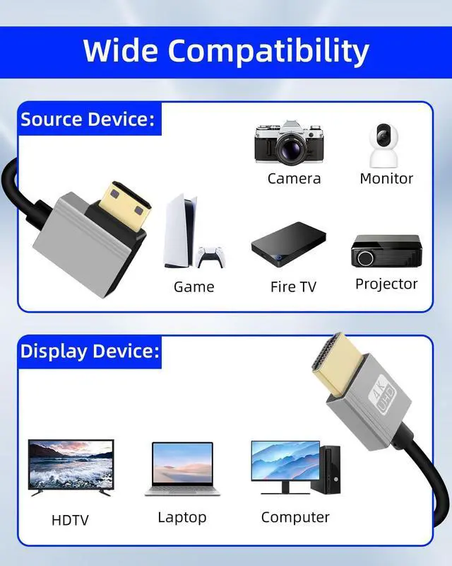 Alt view image 7 of 7 - Vszerda 4K Left Angle Mini HDMI to HDMI Cable 2.2FT, 90 Degree Short HDMI to Mini HDMI Cable, Coiled Hdmi 2.0 Cable 4K@120Hz 18Gbps for Camera/Camcorder/HDTV/Tablet