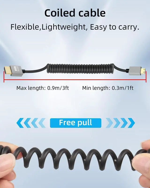 Alt view image 2 of 7 - Vszerda 4K Mini HDMI to HMDI Cable 2.2FT, Coiled HDMI to Mini HDMI Cable, Short HDMI Cable 2.0 4K@120Hz 18Gbps for Camera/Camcorder/HDTV/Tablet