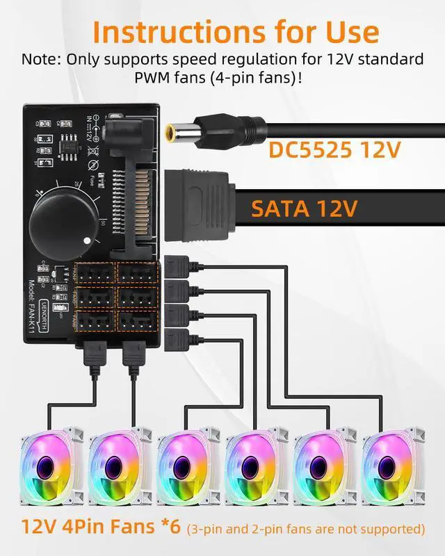 Alt view image 2 of 7 - Vszerda 12V 4 Pin PWM PC Fan Controller for 6 PC Fans,1 in 6 Out PWM Fan Hub Powered by SATA/DC 5525,Cooling Speed Knob Controller with Max Total 60W 5A Output