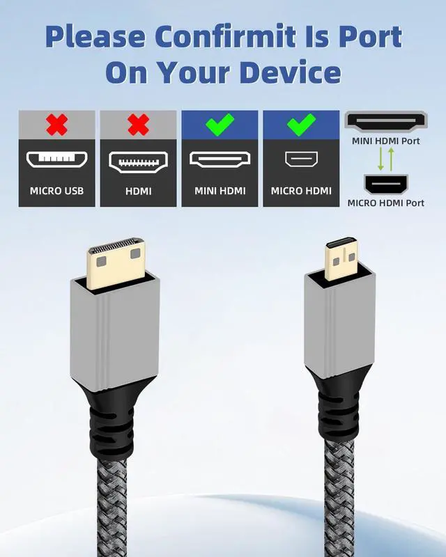 Alt view image 5 of 7 - Vszerda Micro Hdmi to Mini Hdmi Cable 4K@60Hz,Mini Hdmi Male to Micro Hdmi Male 2.0 Braided Cable,18Gbps Type D Hdmi to Type C Hdmi Cable for 4K HDTV,Monitor,Media (1.8M/5.9FT)