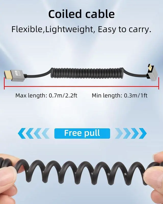 Alt view image 7 of 7 - Vszerda 4K Up Angle Micro HDMI to HDMI Coiled Cable 2.2FT, 270 Degree Short HDMI to Micro HDMI Cable, Spring Spiral Hdmi 2.0 Cord 4K@120Hz 18Gbps for Camera/Camcorder/HDTV/Tablet