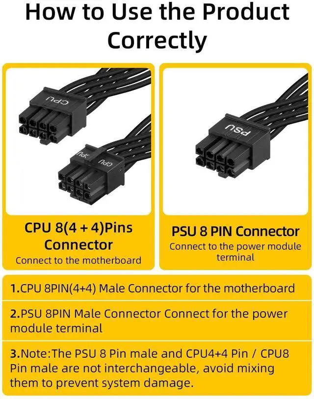 Alt view image 3 of 7 - Vszerda CPU Cable for Cor/sair PSUs,60CM CPU 8Pin to 8Pin PSUs to 20CM 8 Pin (4+4) CPU Power Cable,Male to Male CPU Power Cable for Modular Power Supply(Black,18AWG)