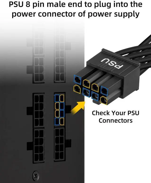 Alt view image 5 of 7 - Vszerda CPU Cable for Cor/sair PSUs,60CM CPU 8Pin to 8Pin PSUs to 20CM 8 Pin (4+4) CPU Power Cable,Male to Male CPU Power Cable for Modular Power Supply(Black,18AWG)