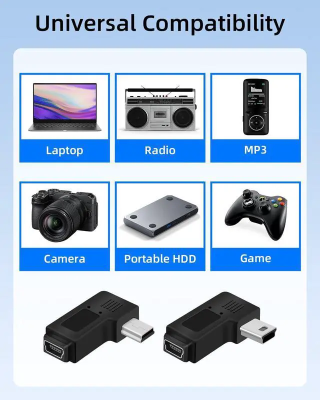 Alt view image 6 of 7 - Vszerda 90 Degree Left & Right Angle Mini 5 Pin Male to Female Adapter,Mini USB Adapter for Dashcams,Bluetooth(1Pair)