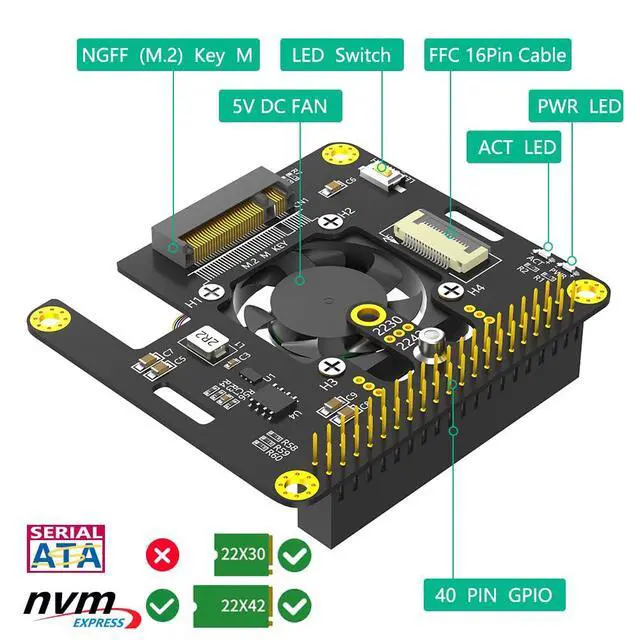 Alt view image 3 of 7 - Vszerda M.2 NVMe to PCIe 3 in 1 Combo Adapter Card with Cooler Fan and Automatic Discoloration LED for Raspberry Pi 5 (Only Support 2230,2242 SSD)
