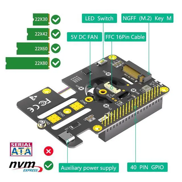 Alt view image 3 of 7 - Vszerda M.2 NVMe to PCIe 3 in 1 Combo Adapter Card with Cooler Fan and Automatic Discoloration LED for Raspberry Pi 5 (Support 2230,2242,2280 SSD)