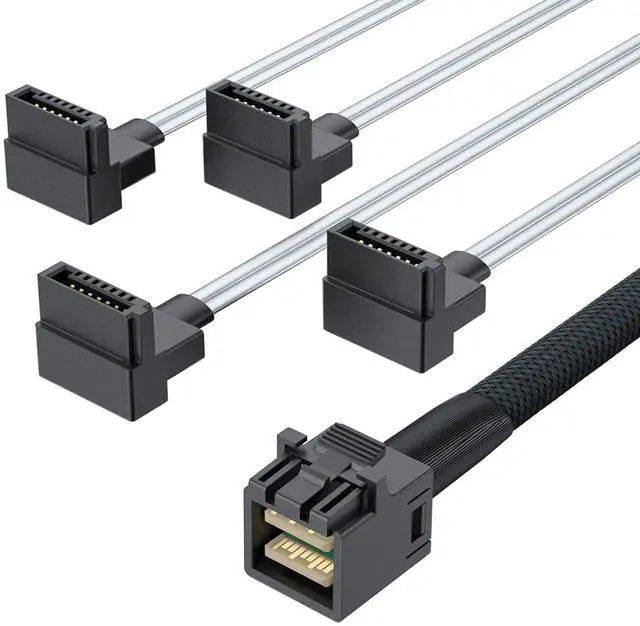 Main image of Vszerda Internal Mini SAS HD SFF-8643 to 4xSATA Cable, with Sideband, Compatible with 12Gbps SAS Drives and 6Gbps SAS/SATA Drives, SATA Right Angle, 0.5-m(1.64ft)