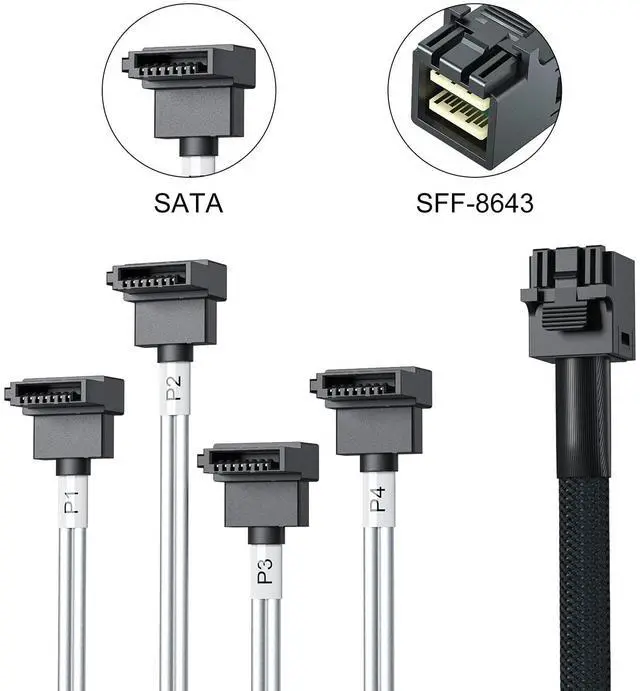 Alt view image 3 of 4 - Vszerda Internal Mini SAS HD SFF-8643 to 4xSATA Cable, with Sideband, Compatible with 12Gbps SAS Drives and 6Gbps SAS/SATA Drives, SATA Right Angle, 0.5-m(1.64ft)