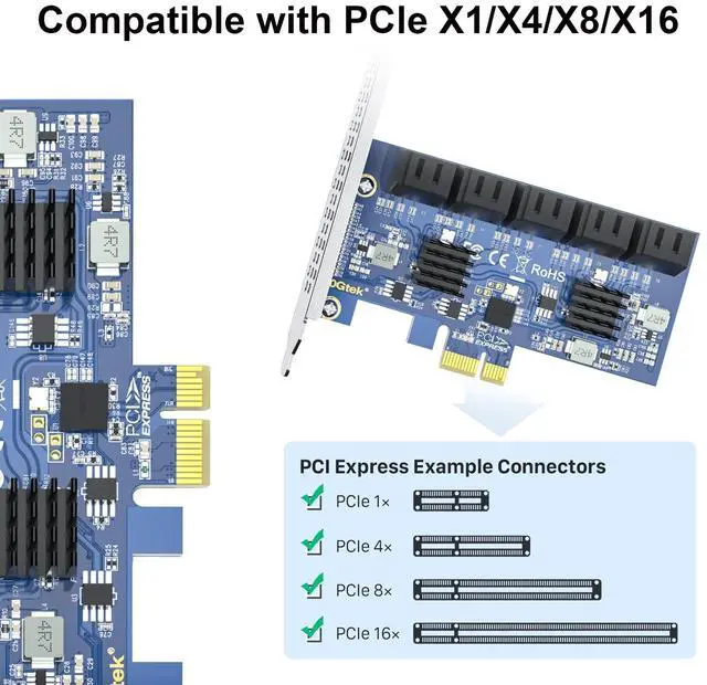Alt view image 2 of 4 - Vszerda 10 Port PCIe SATA Card, SATA3.0 Expansion Card, X1, with 10 SATA Cable, Support SSD and HDD