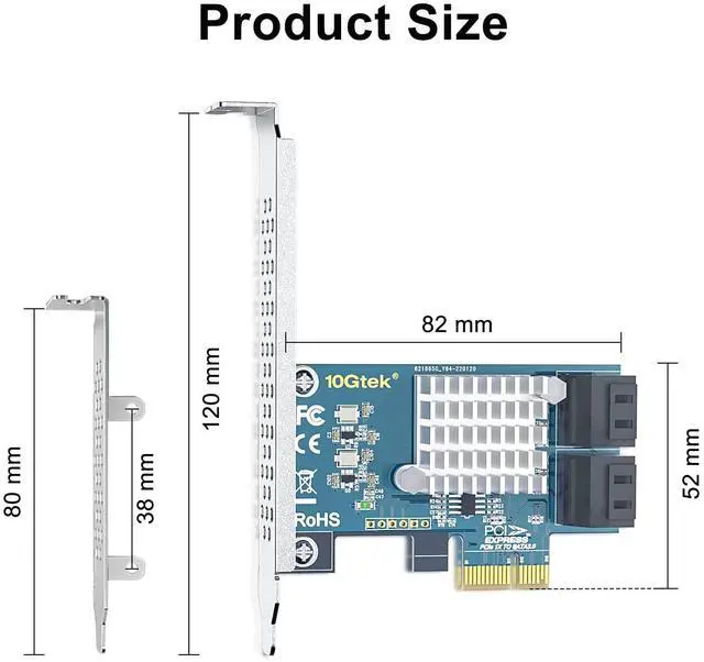 Alt view image 3 of 4 - Vszerda PCIe SATA Card 4 Port with 4 SATA Cables and Low Profile Bracket, 6Gbps SATA3.0 Controller PCI Express Expansion Card, X1, Support 4 SATA 3.0 Devices