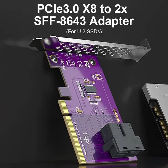 Alt view image 2 of 5 - Vszerda Dual Port U.2 NVMe SSD PCIe 3.0 X8 Adapter Card with SFF-8643 SAS Connector, Windows/Linux/VMware Compatible, Dual Bracket