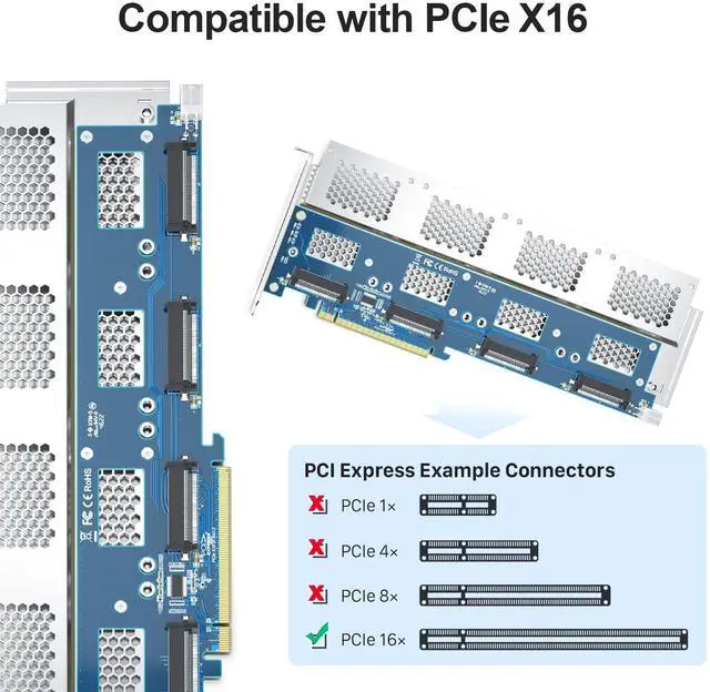 Alt view image 2 of 6 - Vszerda Quad U.2 NVMe SSD PCIe 3.0 X16 Adapter Card, 4-Port SFF-8639 for 2.5" U.2 SSD, x4/x4/x4/x4 Bifurcation & Aux Power Required, Full-Height Bracket, Windows/Linux/VMware