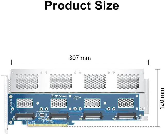 Alt view image 3 of 6 - Vszerda Quad U.2 NVMe SSD PCIe 3.0 X16 Adapter Card, 4-Port SFF-8639 for 2.5" U.2 SSD, x4/x4/x4/x4 Bifurcation & Aux Power Required, Full-Height Bracket, Windows/Linux/VMware