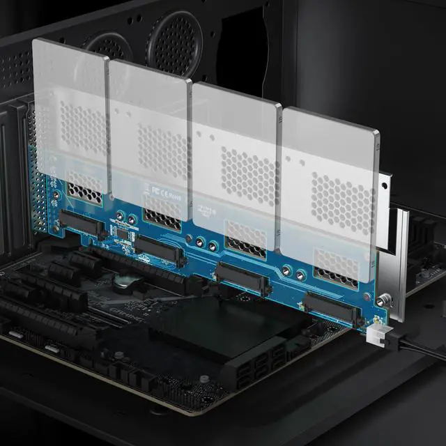 Alt view image 6 of 6 - Vszerda Quad U.2 NVMe SSD PCIe 3.0 X16 Adapter Card, 4-Port SFF-8639 for 2.5" U.2 SSD, x4/x4/x4/x4 Bifurcation & Aux Power Required, Full-Height Bracket, Windows/Linux/VMware