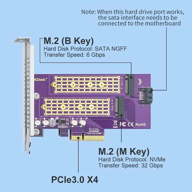 Alt view image 5 of 7 - Vszerda Dual-Port M.2 PCIe 3.0 x4 Adapter (M+B Key) | NVMe/AHCI/SATA SSD Support | 2230-2280 Sizing | Backward Compatible with PCIe 1.0/2.0