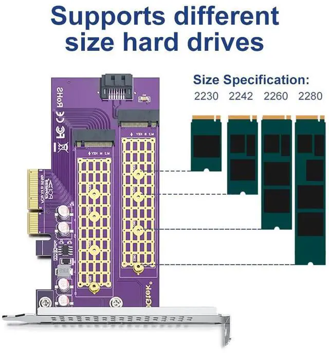 Alt view image 7 of 7 - Vszerda Dual-Port M.2 PCIe 3.0 x4 Adapter (M+B Key) | NVMe/AHCI/SATA SSD Support | 2230-2280 Sizing | Backward Compatible with PCIe 1.0/2.0