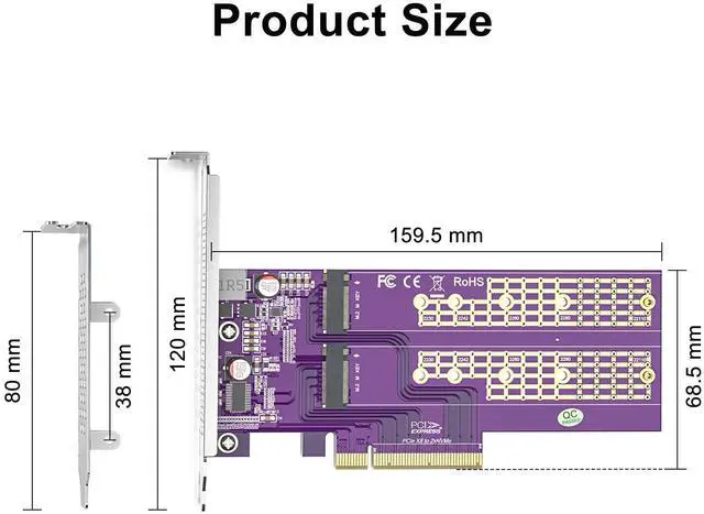 Alt view image 2 of 5 - Vszerda 2-Port M.2 NVMe Adapter M-Key, PCIe X8 Gen3. Requires Motherboard BIOS Support for Bifurcation, Support SSD 22110 and Below Size