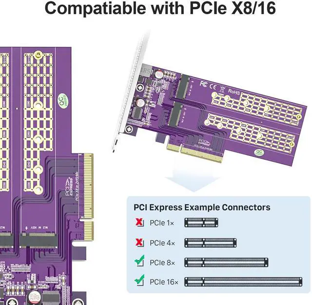 Alt view image 5 of 5 - Vszerda 2-Port M.2 NVMe Adapter M-Key, PCIe X8 Gen3. Requires Motherboard BIOS Support for Bifurcation, Support SSD 22110 and Below Size