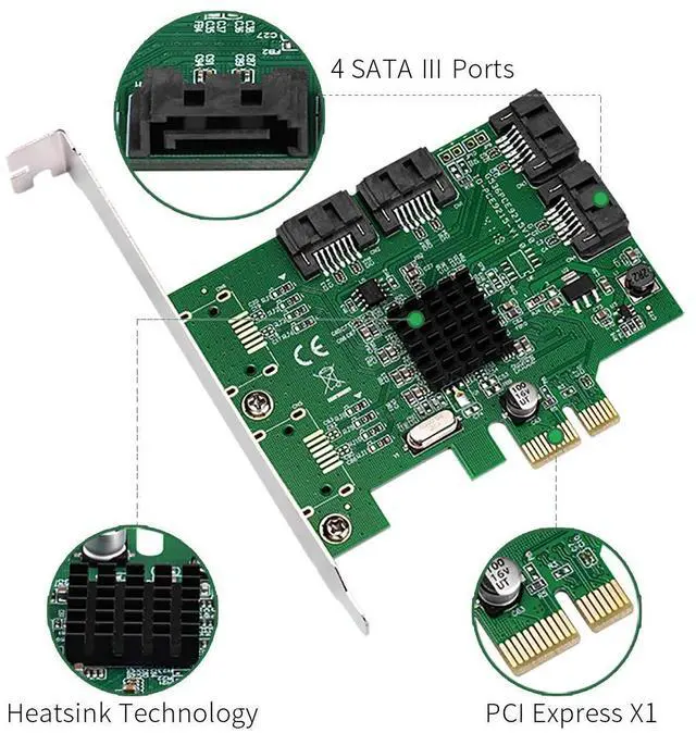 Alt view image 2 of 7 - Vszerda 4 Port SATA III Expansion Card with Low Profile Bracket - 6Gbps SATA 3.0 Controller PCI Express x1 Marvell 9215 for Windows 11/10/8/7/XP/Vista/Linux
