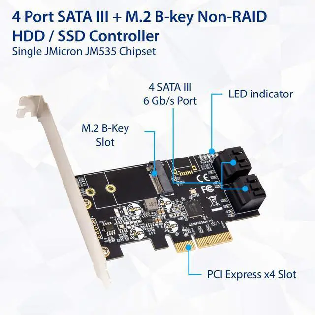 Alt view image 2 of 6 - Vszerda SI-PEX40138 Internal 4 Port Non-Raid SATA III 6GB/S with M.2 B-Key 22x42 Pci-E X4 Controller Card for Desktop PC Support SSD and HDD with Low Profile Bracket. JMB585 Chipset