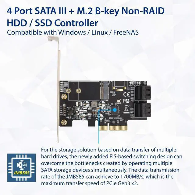 Alt view image 4 of 6 - Vszerda SI-PEX40138 Internal 4 Port Non-Raid SATA III 6GB/S with M.2 B-Key 22x42 Pci-E X4 Controller Card for Desktop PC Support SSD and HDD with Low Profile Bracket. JMB585 Chipset