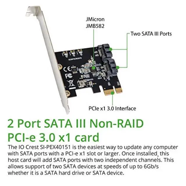 Alt view image 2 of 4 - Vszerda 2 Port SATA III Expansion Card with Low Profile Bracket - 6Gbps SATA 3.0 Controller PCI Express x1 Jmicro Chipset for Windows10/8/7/XP/Vista/Linux