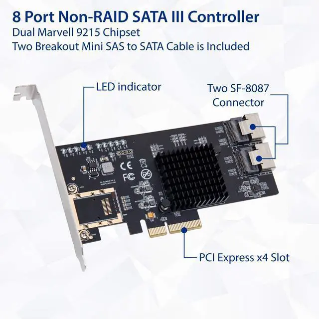 Alt view image 2 of 6 - Vszerda 8 Port SATA III Non-RAID PCI-e x4 Expansion Card Supports FreeNAS and ZFS RAID - Includes Mini SAS to SATA Breack Out Cables (SI-PEX40137)