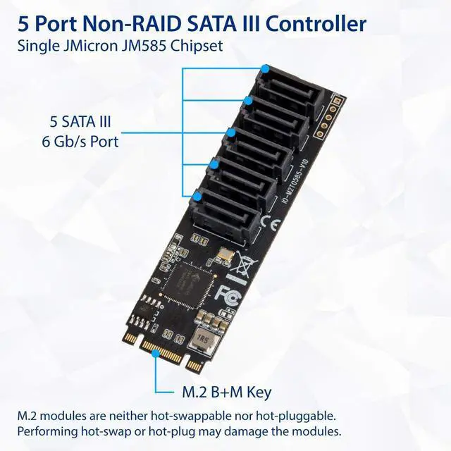 Alt view image 2 of 5 - Vszerda Internal 5 Port Non-RAID SATA III 6GB/s M.2 B+M Key Adapter Card for Desktop PC Support SSD and HDD. JMB585 Chipset
