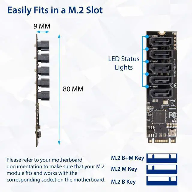 Alt view image 4 of 5 - Vszerda Internal 5 Port Non-RAID SATA III 6GB/s M.2 B+M Key Adapter Card for Desktop PC Support SSD and HDD. JMB585 Chipset