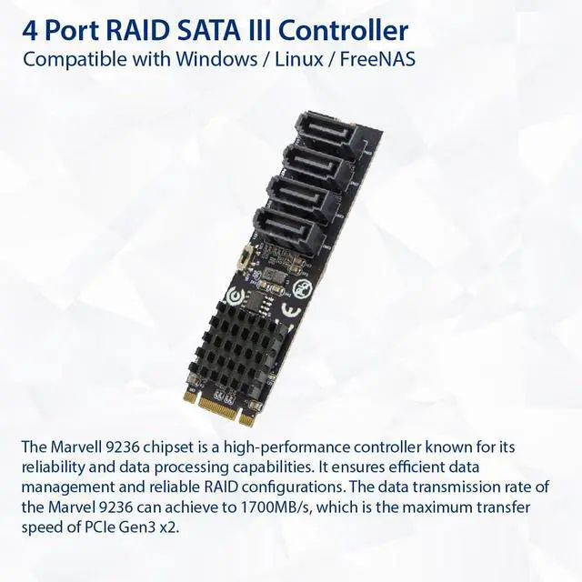 Alt view image 2 of 5 - Vszerda 4 Port RAID SATA III 6Gbp/s to M.2 B+M Key Adapter PCI-e 3.0 x2 bandwith SY-ADA40172