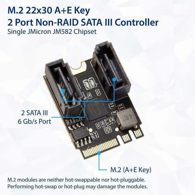 Alt view image 4 of 4 - Vszerda 2 Ports SATA III 6gb/s to M.2 NGFF A Key + E Key A+E Key 22x30 2230 mm JMicron JMB582