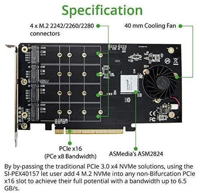 Alt view image 4 of 5 - Vszerda Quad M.2 NVMe Ports to PCIe 3.0 x16 Interface x8 Bandwidth Bifurcation Riser Controller - Support Non-Bifurcation Motherboard (SI-PEX40157)