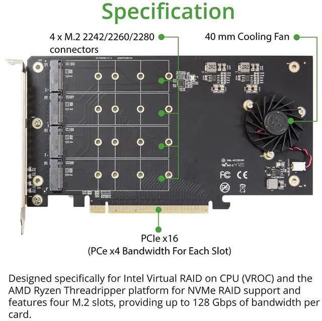 Alt view image 3 of 5 - Vszerda Quad M.2 NVMe PCIe x16 Expansion Card for Intel VROC and AMD Ryzen Threadripper Motherboard