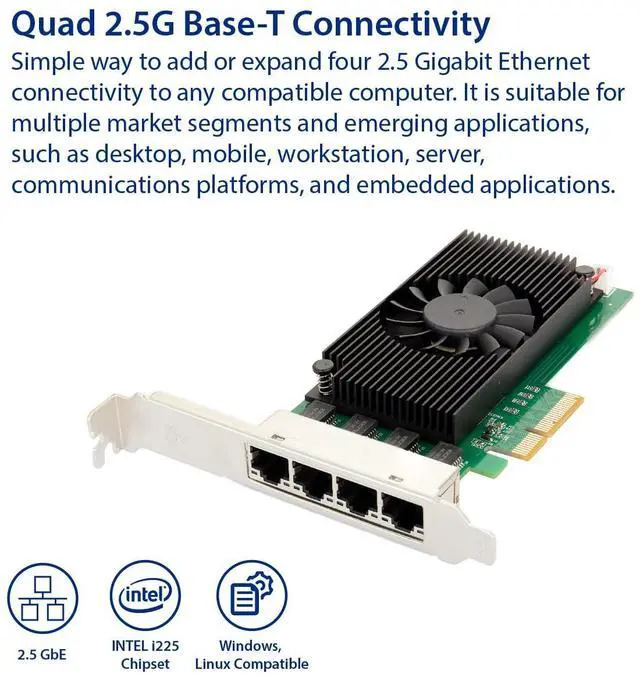 Alt view image 2 of 6 - Vszerda Quad 2.5 Gigabit Ethernet PCI-E Network Expansion Card RJ45 LAN Adapter Low Profile Bracket SY-PEX24086