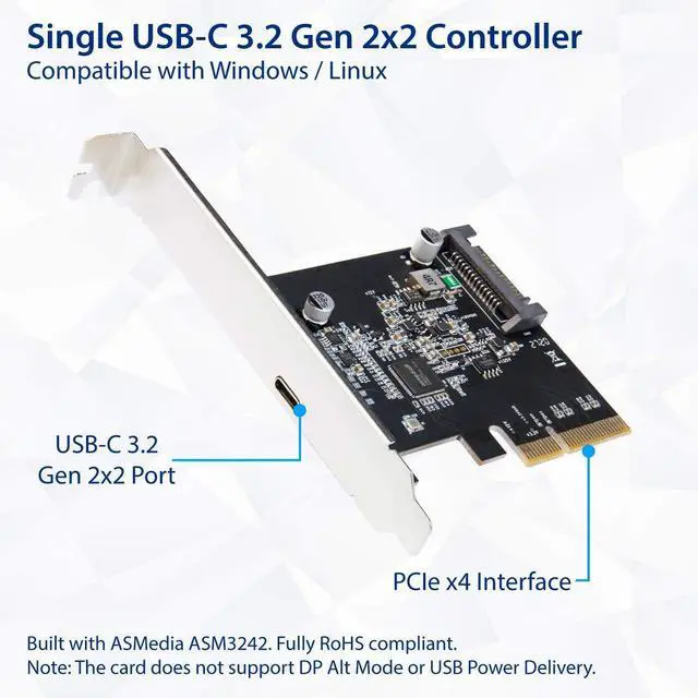 Alt view image 2 of 5 - Vszerda USB-C 3.2 Gen 2x2 Type-C 20 Gbps PCI-e Gen 3 x4 Expansion Card SATA Powered ASMedia ASM3242