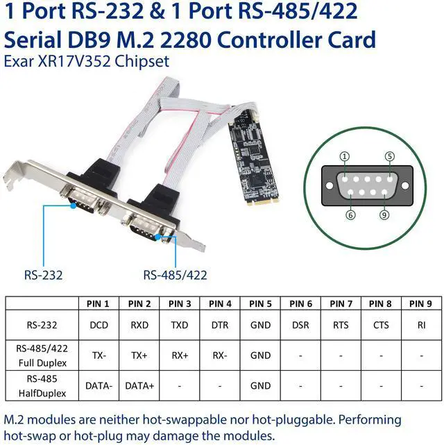 Alt view image 2 of 5 - Vszerda 2 Port RS-232 DB9 Serial M.2 B+M Key Controller Card SI-ADA15070