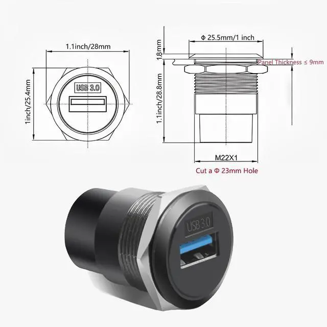 Alt view image 6 of 6 - Vszerda USB3.0 Female-to-Female Panel Mount Adapter - 5Gbps High-Speed Waterproof & Dustproof USB Converter, Round Data Connector Mount for Efficient Data Transfer and Charging (5-Pack Black)