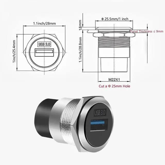 Alt view image 6 of 7 - Vszerda USB3.0 Female-to-Female Panel Mount Adapter - 5Gbps High-Speed Waterproof & Dustproof USB Converter, Round Data Connector Mount for Efficient Data Transfer and Charging (5-Pack Silver)