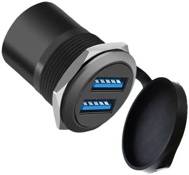 Main image of Vszerda Dual USB 3.0 Panel Mount Adapter - Threaded Round Connector with Waterproof Dust Cover, 2 Female to 2 Female Ports, 5Gbps for High-Speed Data Transfer, 5V 2A for Charging (1-Pack Black)