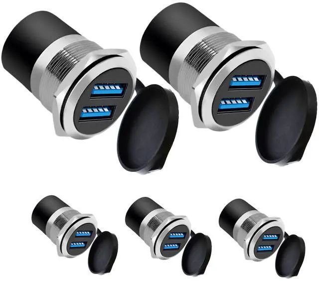 Main image of Vszerda Dual USB 3.0 Panel Mount Adapter - Threaded Round Connector with Waterproof Dust Cover, 2 Female to 2 Female Ports, 5Gbps for High-Speed Data Transfer, 5V 2A for Charging (5-Pack Silver)