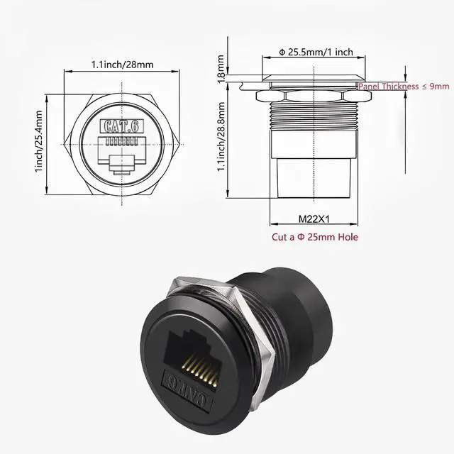 Alt view image 6 of 6 - Vszerda RJ45 CAT6 Panel Mount Adapter Female-to-Female Ethernet Pass-Through Connector, 10 Gbps Bulkhead Interface Adapter, XLR/D-Panel Mountable with Waterproof & Dustproof Cover (1-Pack Black)